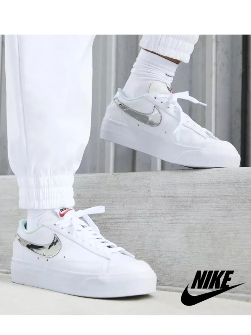 Nike Women’s Blazer Low Platform White Sneakers with Metallic Silver Swoosh